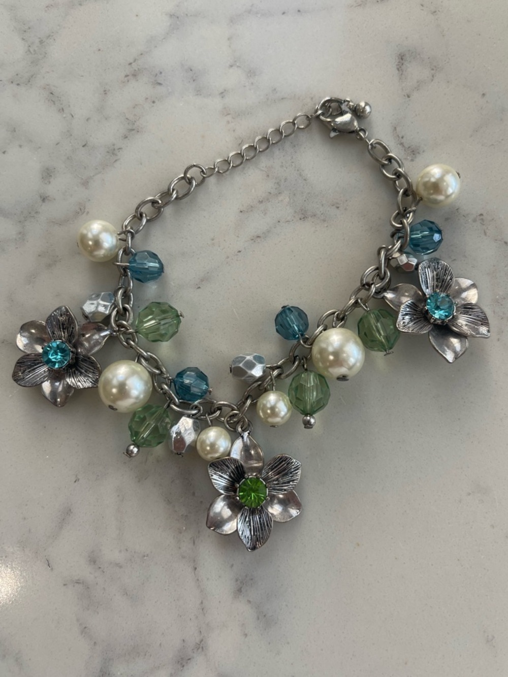 Premier Designs Silver Floral Charm Bracelet with Blue, Green and Pearl Beads